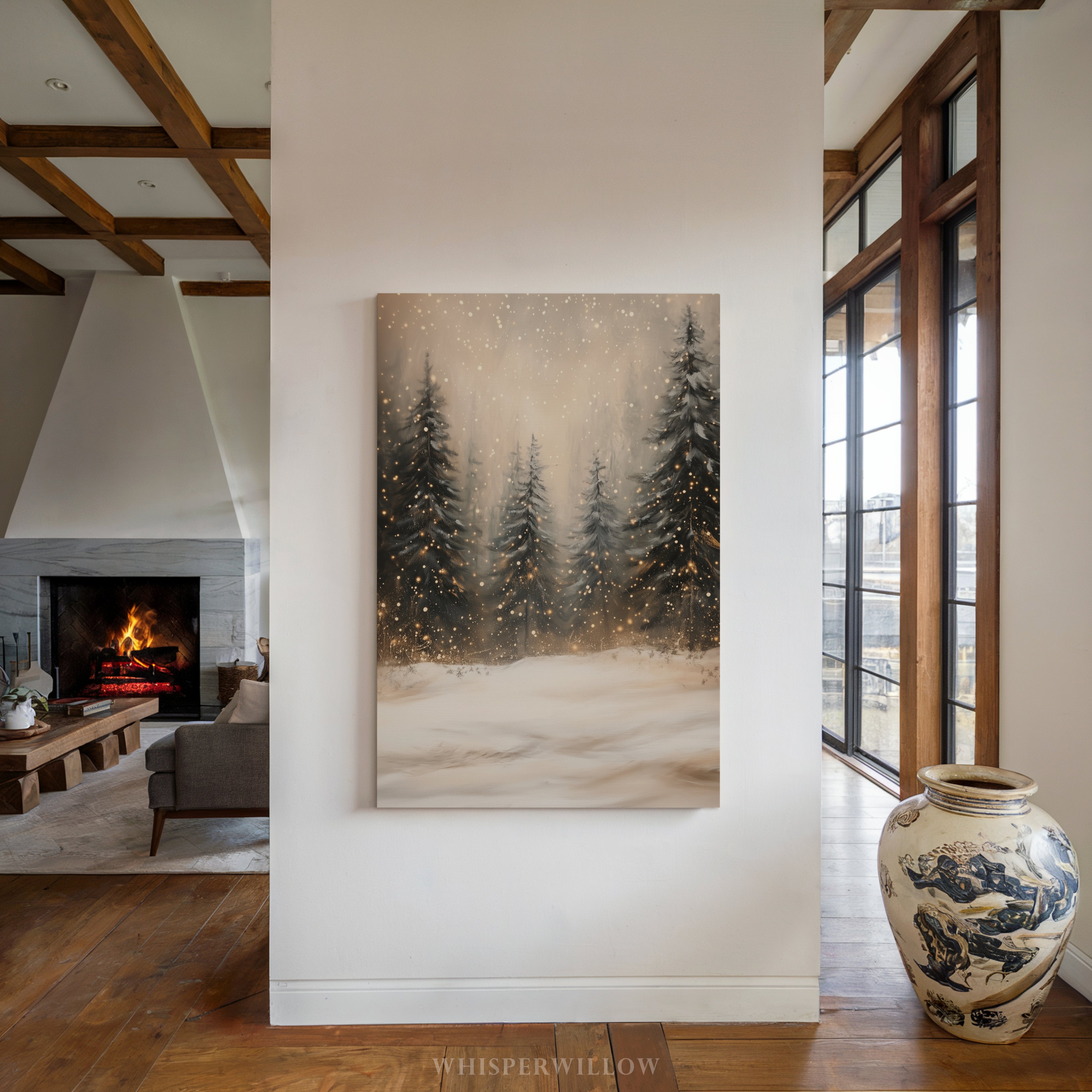 Winterliches Leinwandbild | Verschneiter Kiefernwald mit funkelnden Lichtern | Gemütliche, rustikale Weihnachtsdeko – das perfekte Geschenk für Ihr Zuhause