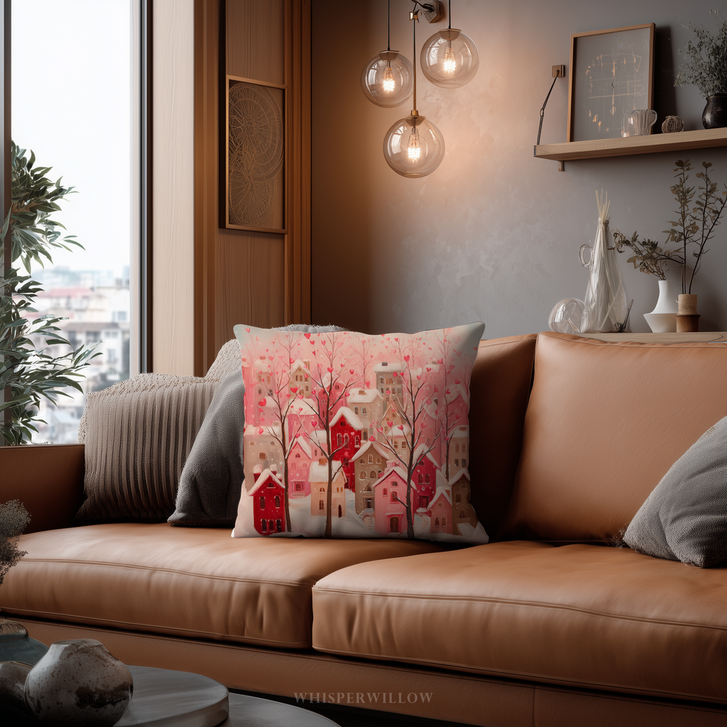 Dekokissen „Herzdorf zum Valentinstag“ | Rosa Winterdeko | Romantisches und verspieltes Geschenk