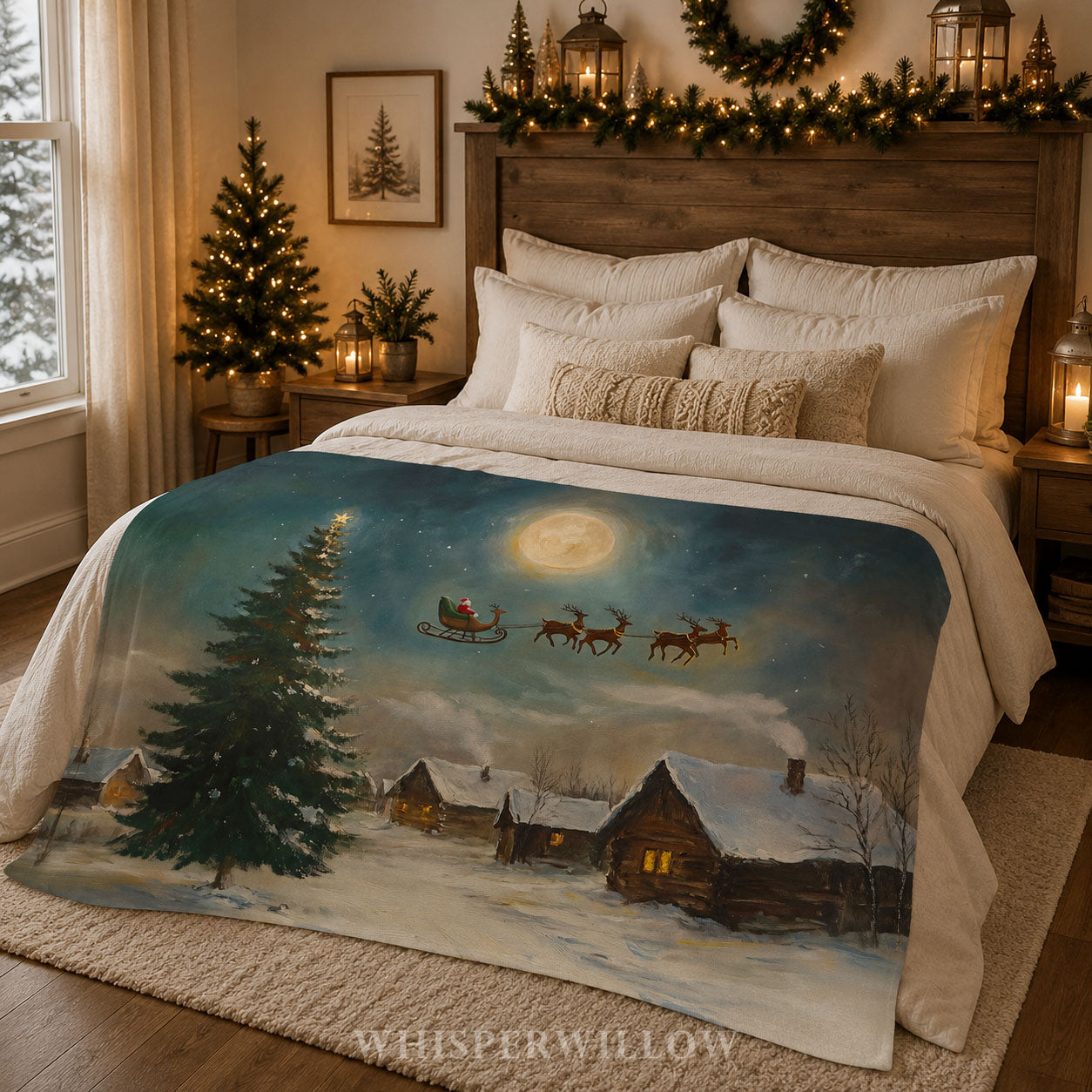 Christmas Santa Sleigh Throw Blanket - Reindeer Moonlit Village Gift