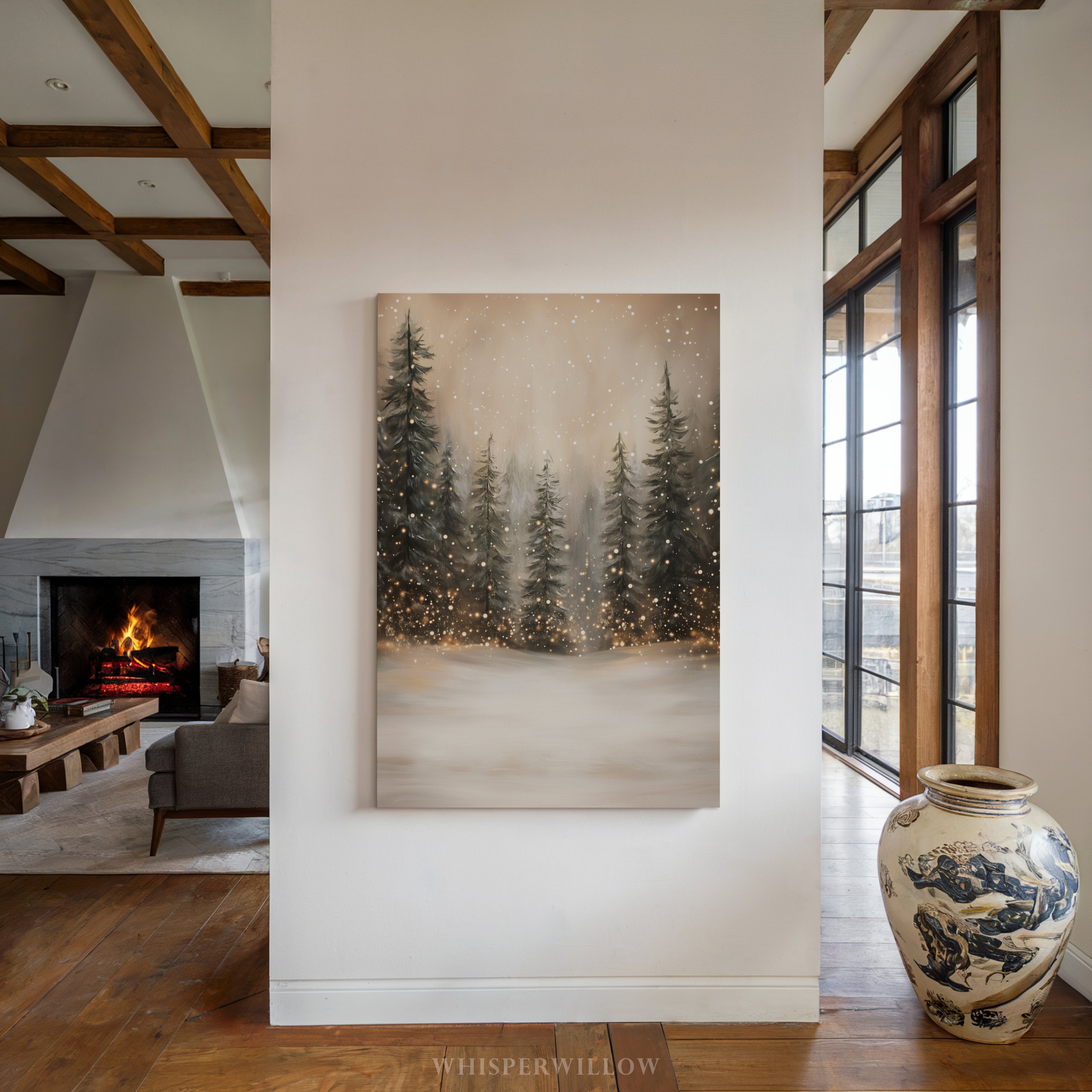 Winterliches Leinwandbild | Verschneiter Wald mit funkelnden Lichtern | Gemütliche, rustikale Weihnachtsdeko – das perfekte Geschenk für Ihr Zuhause