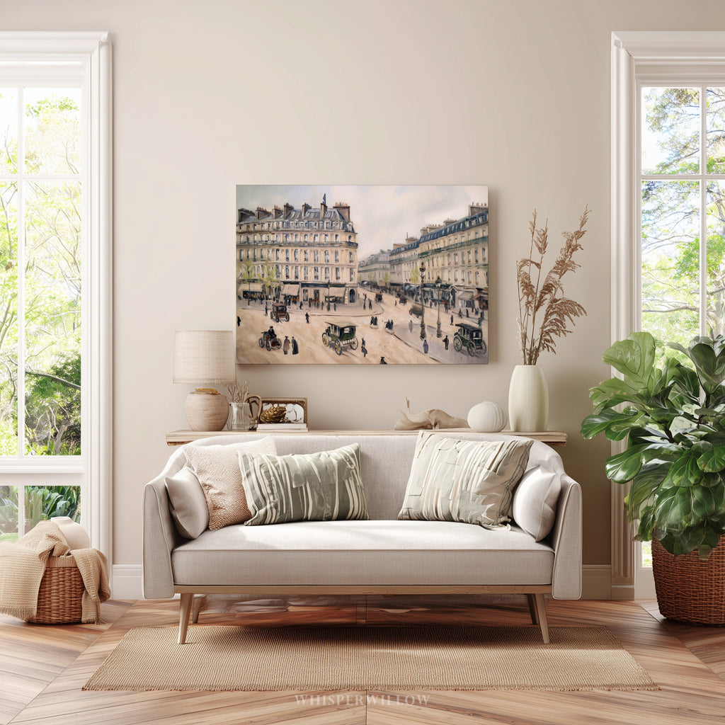 Vintage Paris City Scene Canvas Wall Art - Old European Carriages 1880s Street Shops