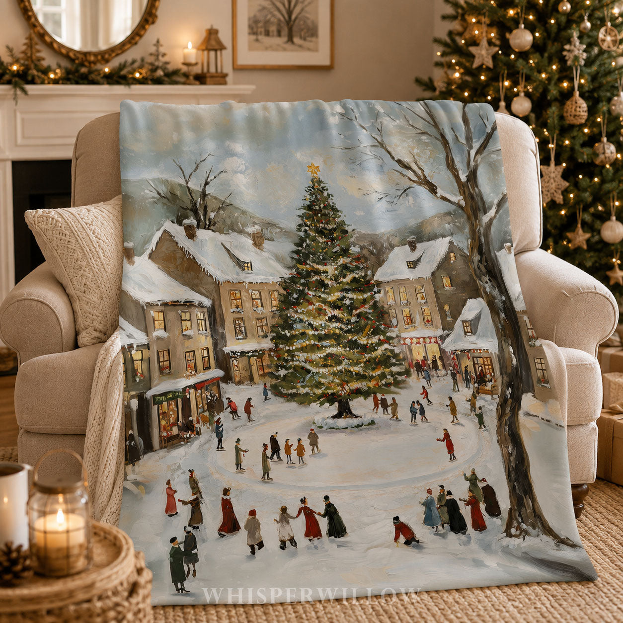 Snowy Village Christmas Throw Blanket - Winter Tree Ice Skating Gift
