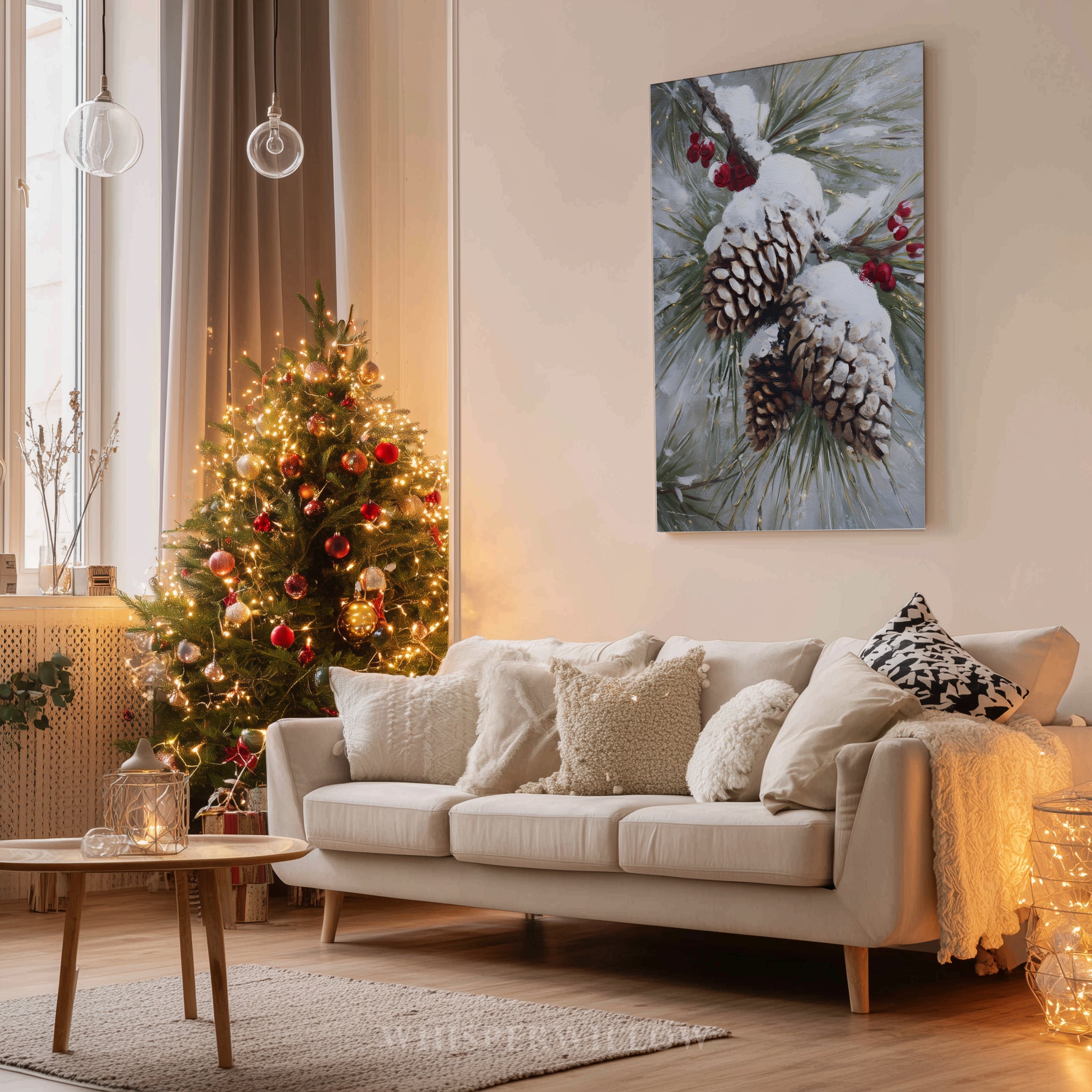 Leinwandbild mit verschneiten Kiefernzapfen – Winterliche rote Beeren, rustikale Weihnachtsdekoration im Waldstil