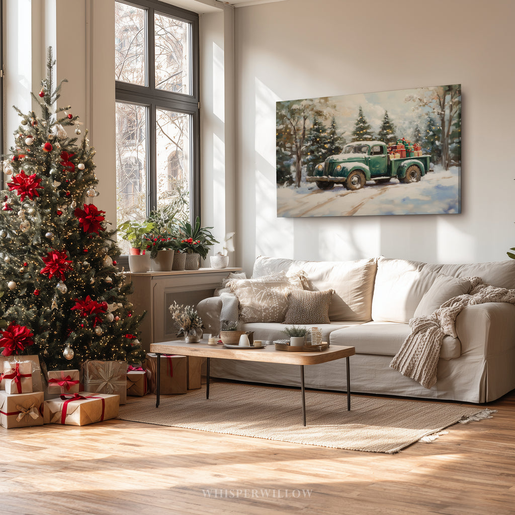 Vintage Green Christmas Truck Canvas Wall Art - Snowy Winter Trees, Rustic Farmhouse Holiday Decor