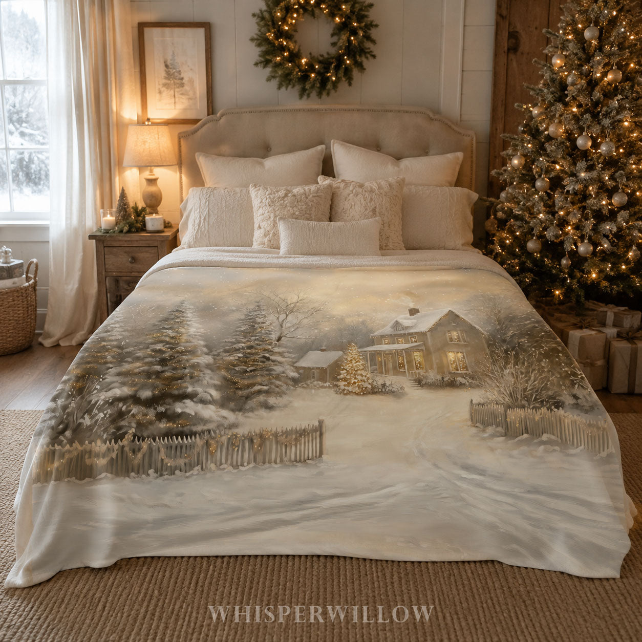 Enchanted Winter Cottage Throw Blanket - Christmas Lights Snowy Forest Gift