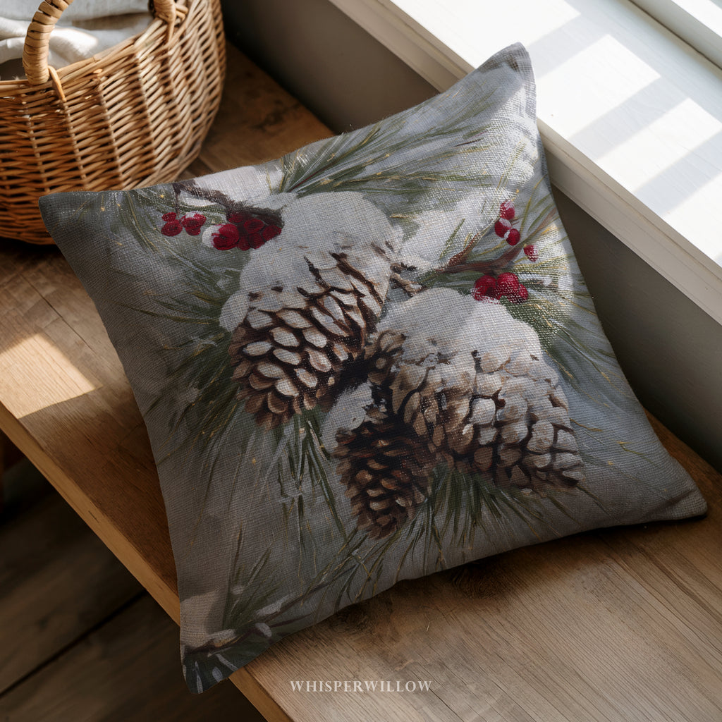 Snowy Pinecones Winter Throw Pillow - Red Berries Christmas Cushion Cover and Insert by WhisperWillow Studios Home Decor Gift
