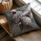 Snowy Pinecones Winter Throw Pillow - Red Berries Christmas Cushion Cover and Insert by WhisperWillow Studios Home Decor Gift