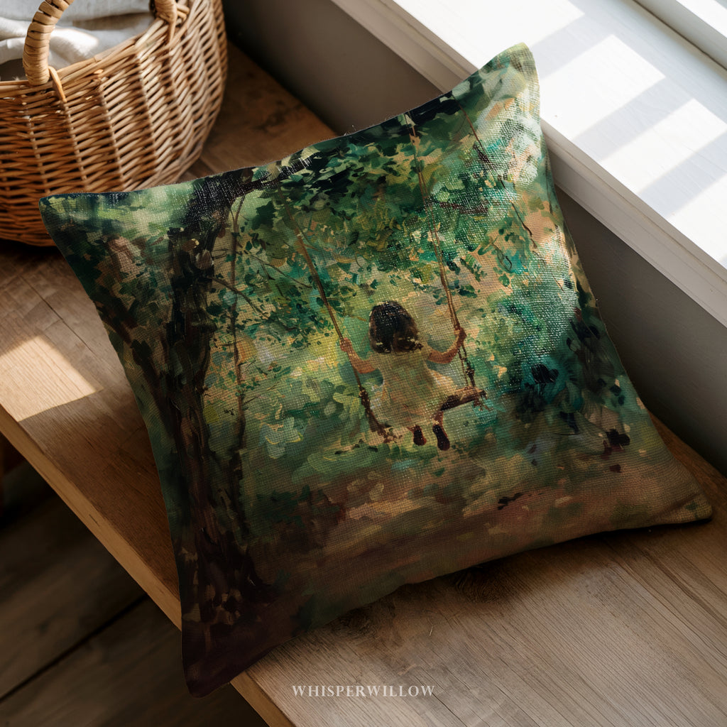 Child on Tree Swing Throw Pillow - Enchanted Vintage Forest Cushion by WhisperWillow Studios Home Decor Gift