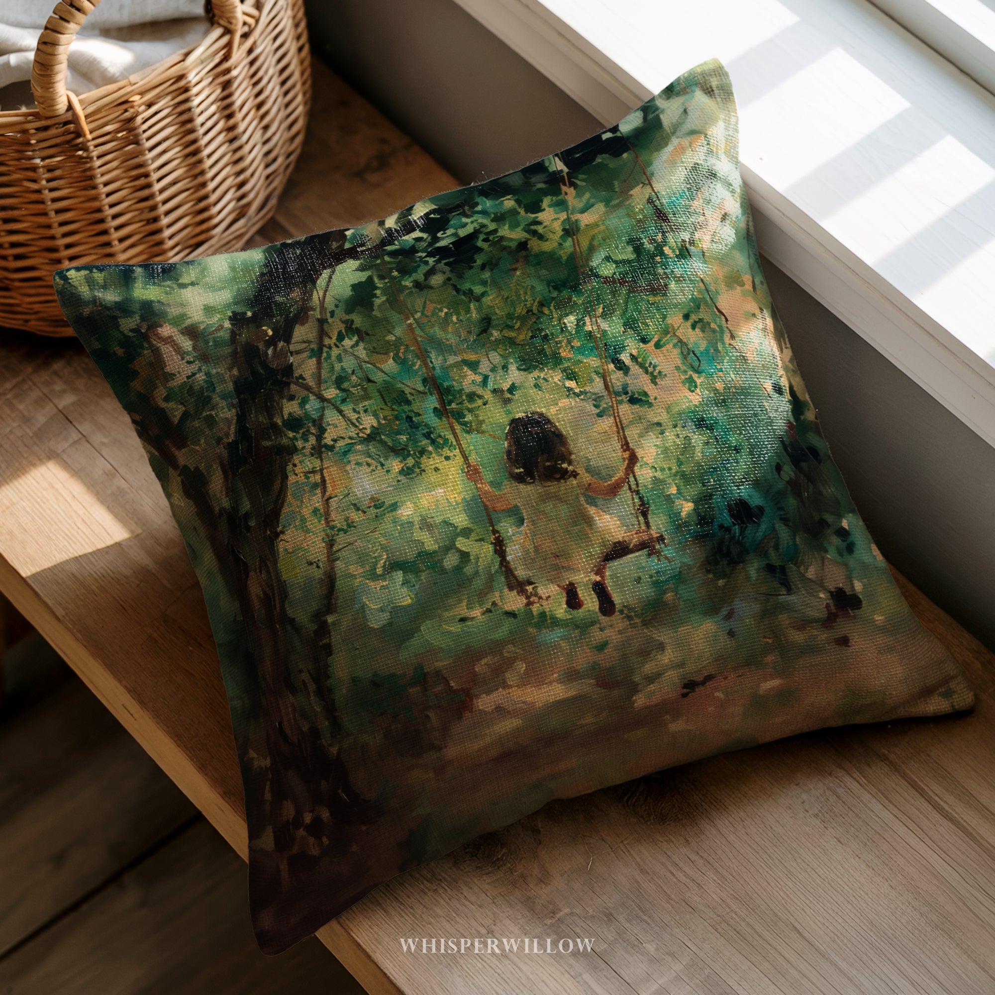 Child on Tree Swing Throw Pillow - Enchanted Vintage Forest Cushion by WhisperWillow Studios Home Decor Gift
