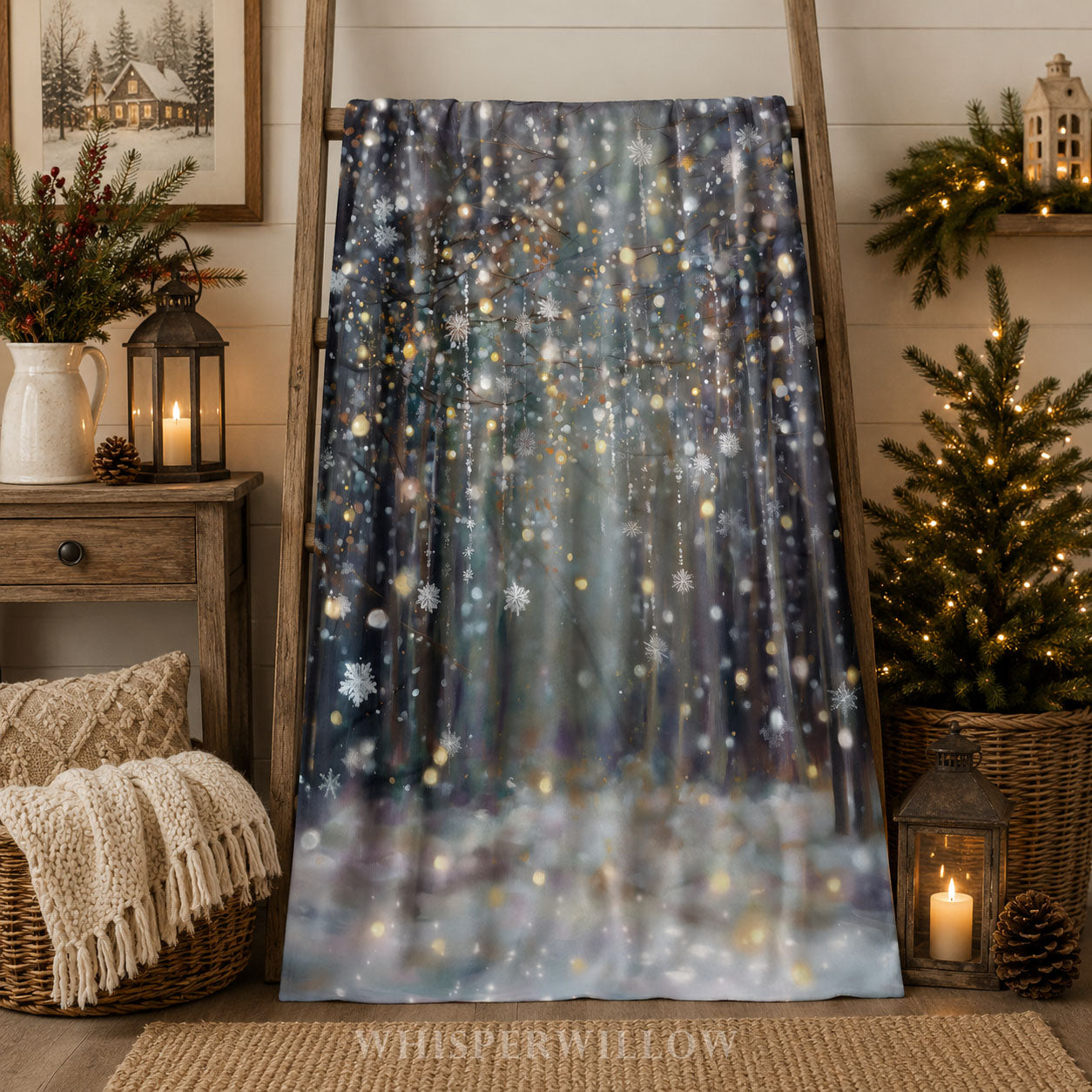Winter Forest Snowflake Plush Throw Blanket | Glitter Look Woodland Holiday Cozy Shimmer Neutral Christmas Decor Gift