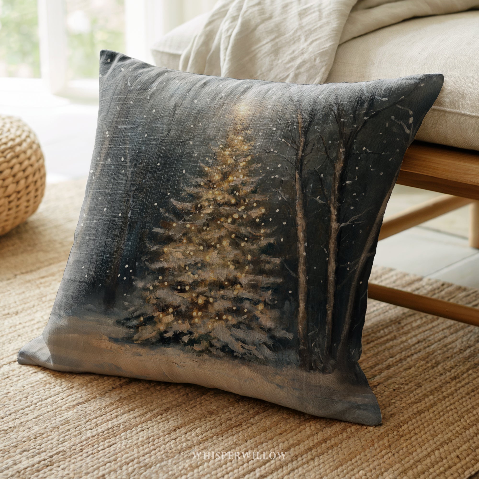 Magical Christmas Tree Throw Pillow | Winter Snowy Forest Scene | Festive Holiday Decor Cushion