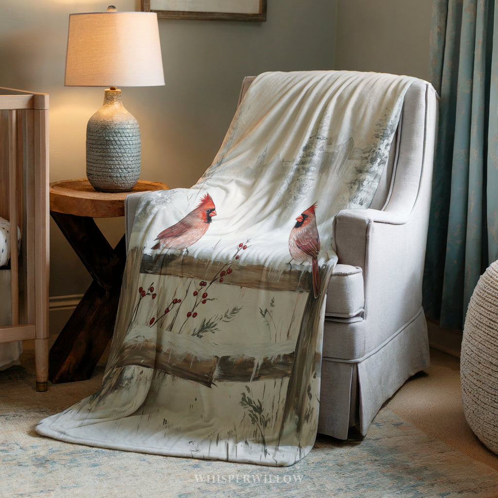 Winter Cardinal Birds Throw Blanket - Snowy Fence Rustic Gift