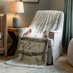 Winter Cardinal Birds Throw Blanket - Snowy Fence Rustic Gift