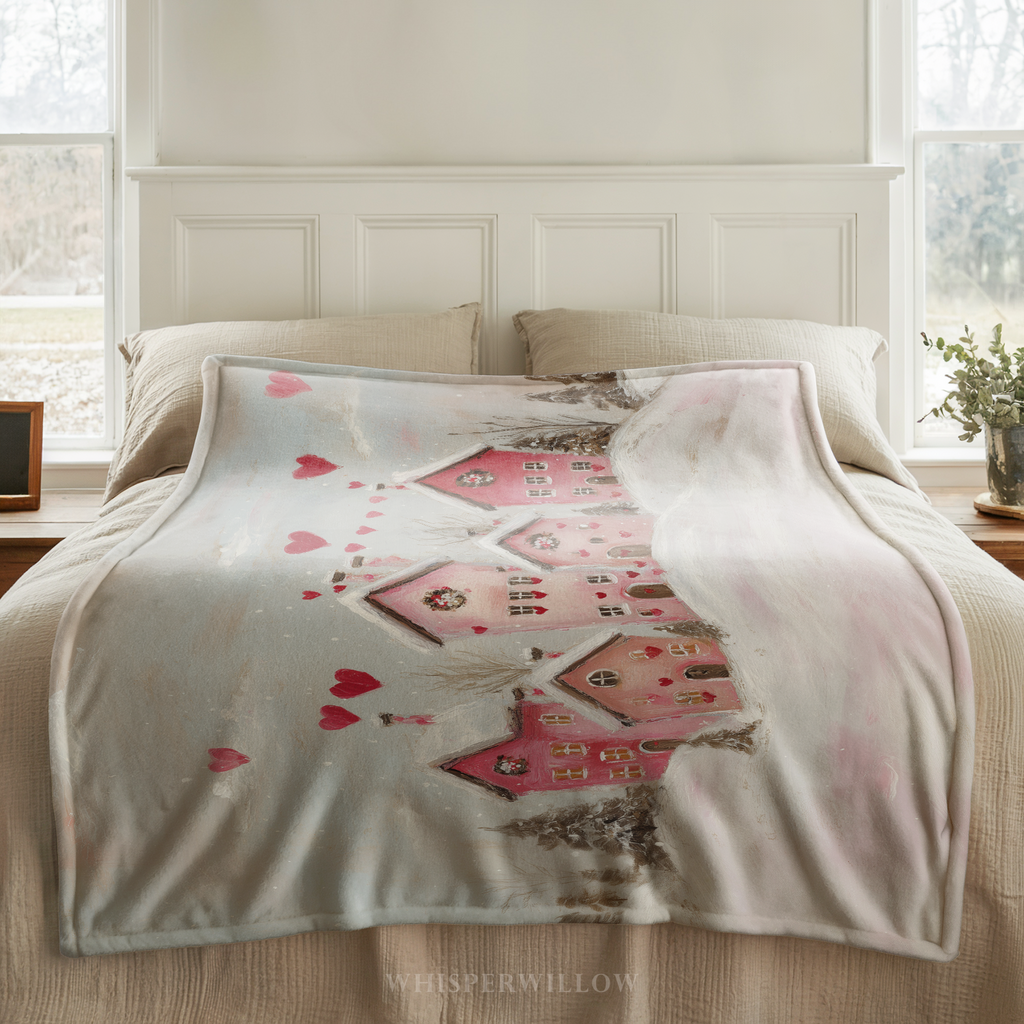 Valentinstag-Kuscheldecke „Rosa Dorf“ – Herz-Schnee, gemütliches romantisches Winter-Geschenk mit verspielten Liebeshäusern