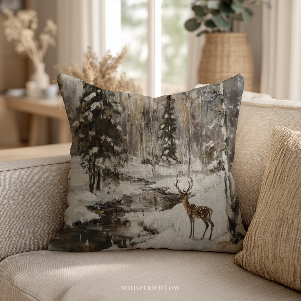 Winterliches Hirsch-Schneewald-Dekokissen - Woodland Creek Hüttenkissen