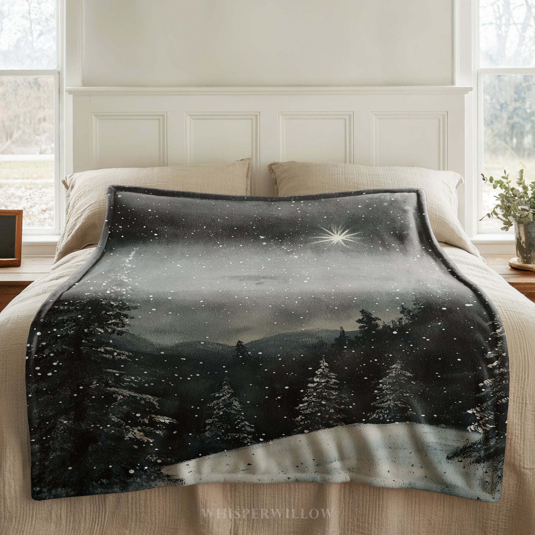 Snowy Winter Forest Throw Blanket - Night Christmas Eve Star Gift