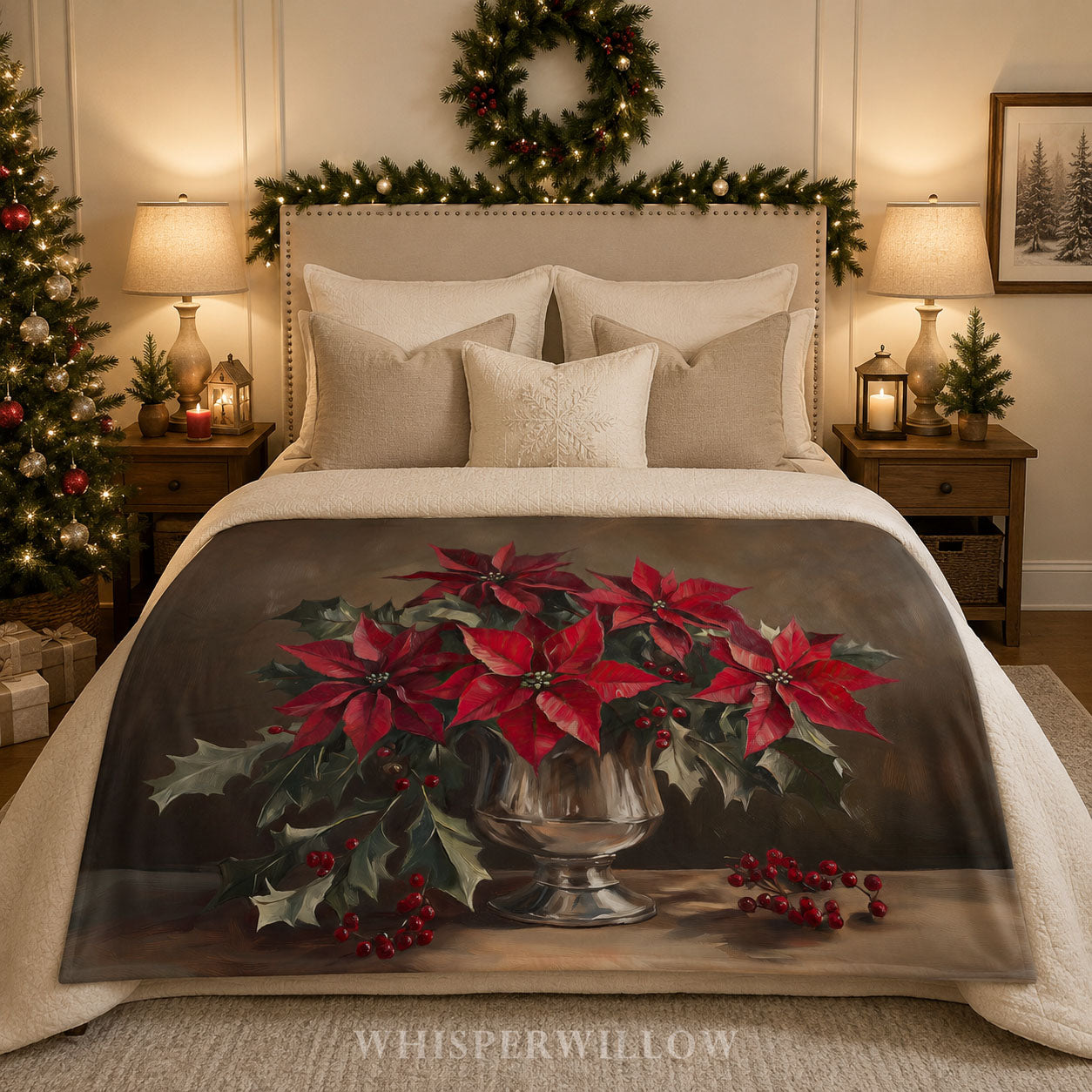 Christmas Poinsettia Plush Throw Blanket - Red Floral Holly Gift