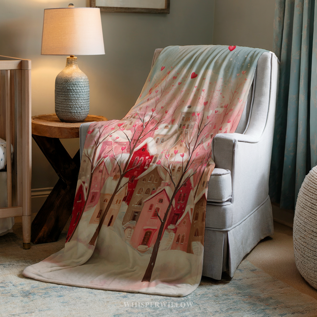 Valentine heart village throw blanket with pink winter town and heart-shaped trees on soft pastel background