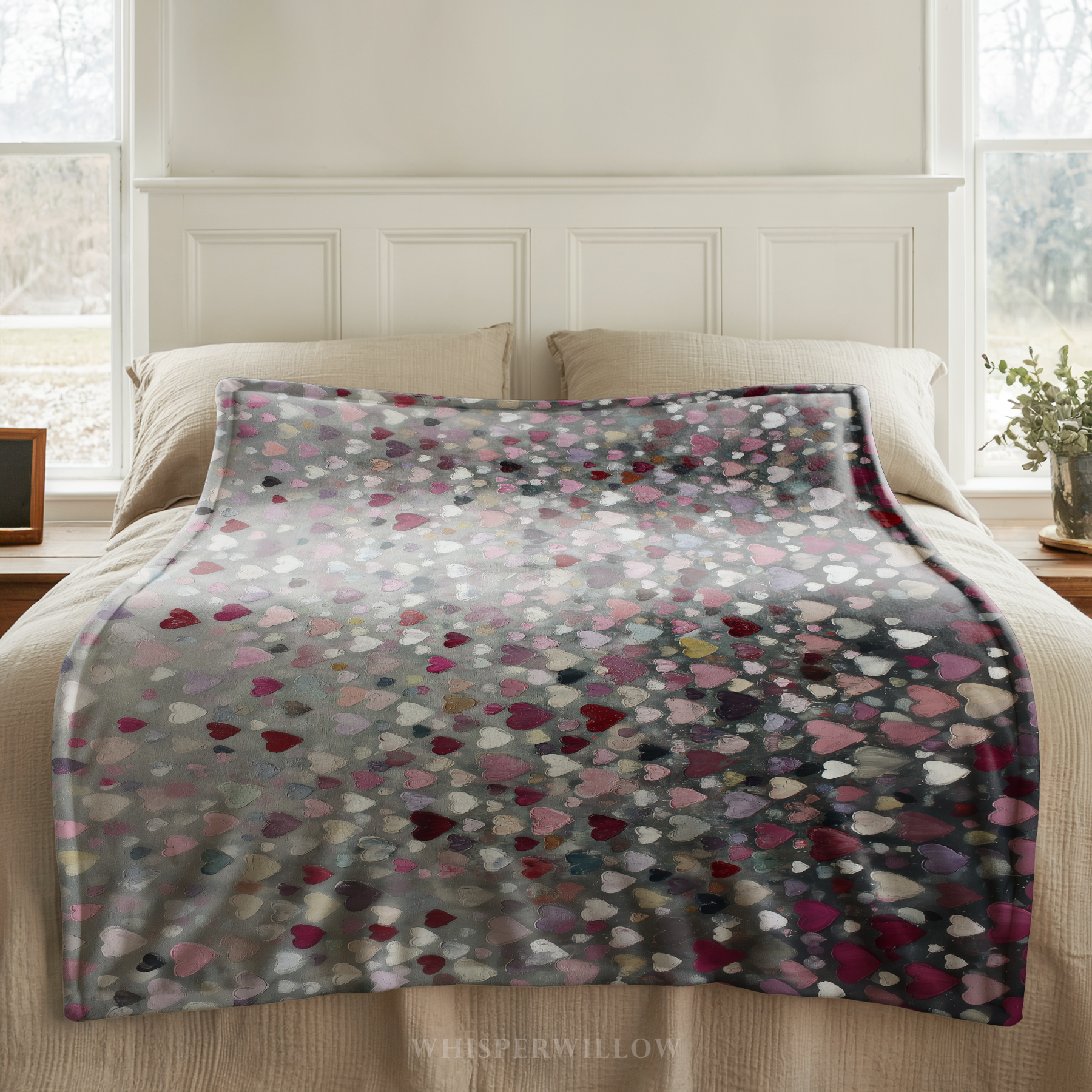 Kuschelige Herzdecke mit abstraktem Muster – ideal als Valentinstagsgeschenk, romantisches Design in Grau, Rot und Rosa