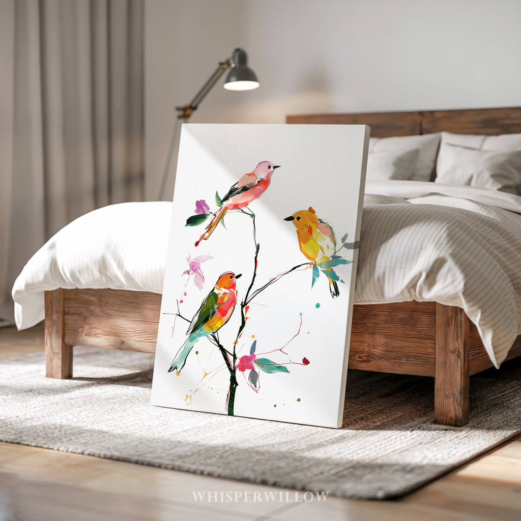 Farbenfrohe Singvogel-Leinwandbilder – Lebendige Aquarellvögel auf einem verspielten Ast