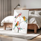 Farbenfrohe Singvogel-Leinwandbilder – Lebendige Aquarellvögel auf einem verspielten Ast