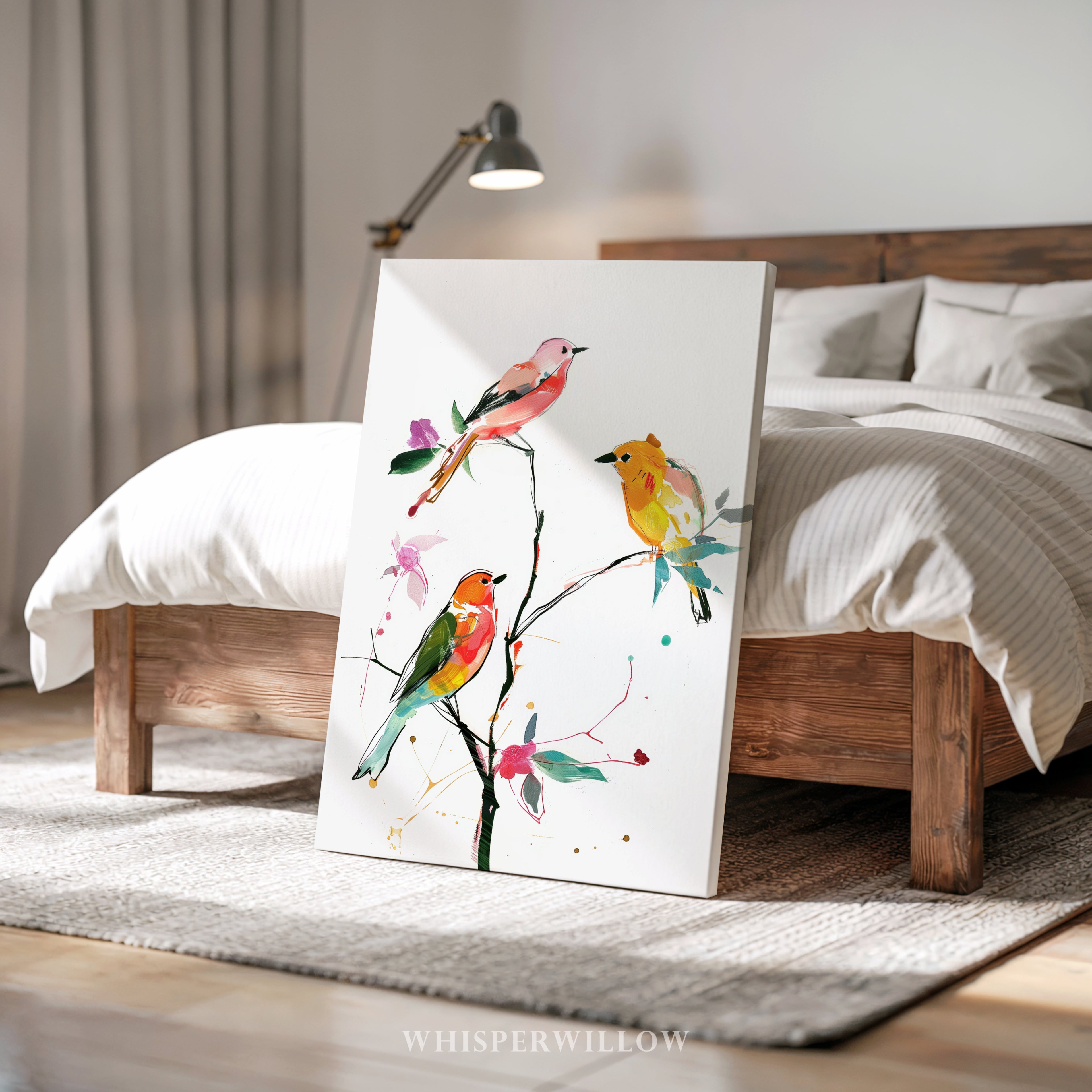 Farbenfrohe Singvogel-Leinwandbilder – Lebendige Aquarellvögel auf einem verspielten Ast