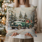 Vintage Christmas Truck Throw Pillow - Holiday Snowy Forest Cushion