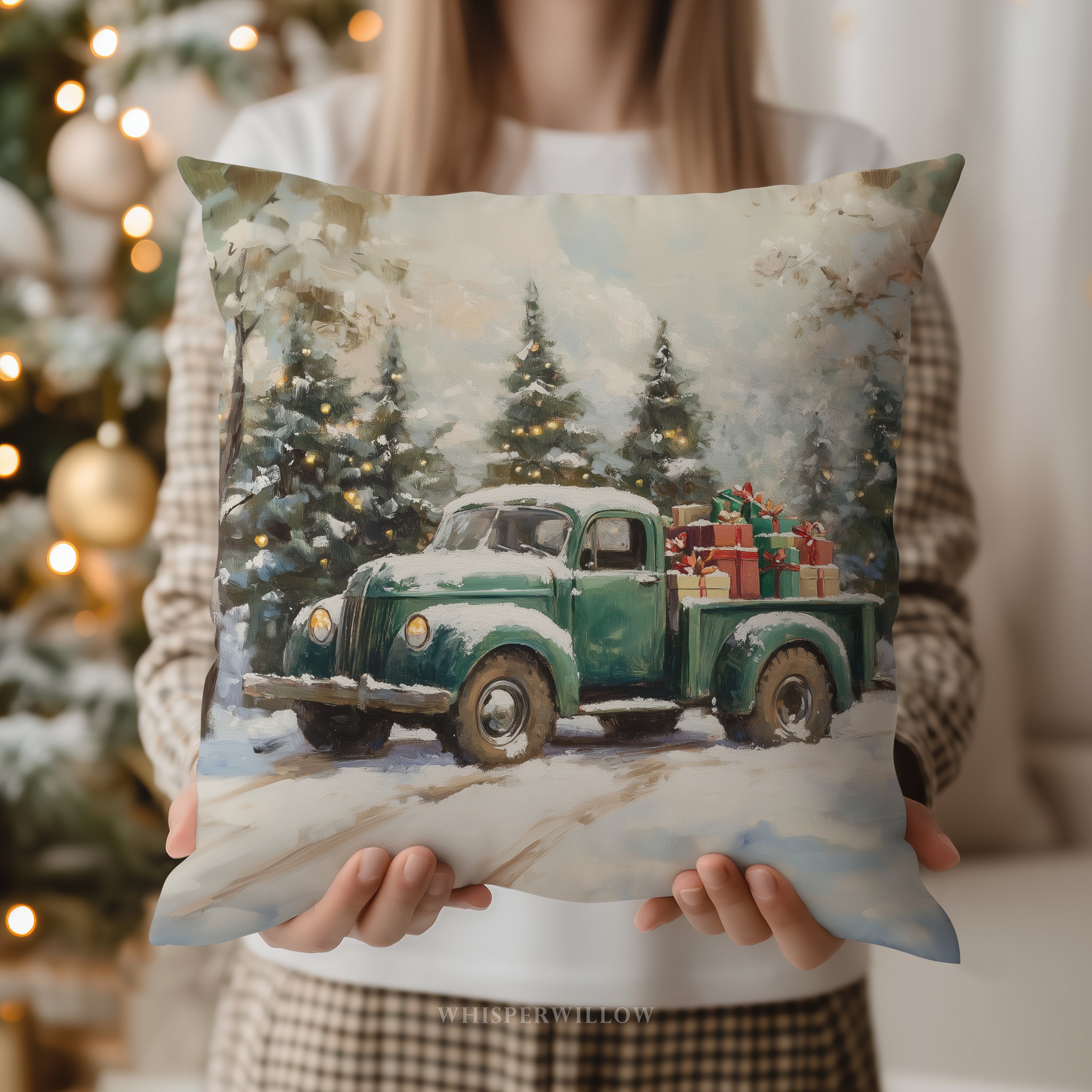 Vintage Christmas Truck Throw Pillow - Holiday Snowy Forest Cushion