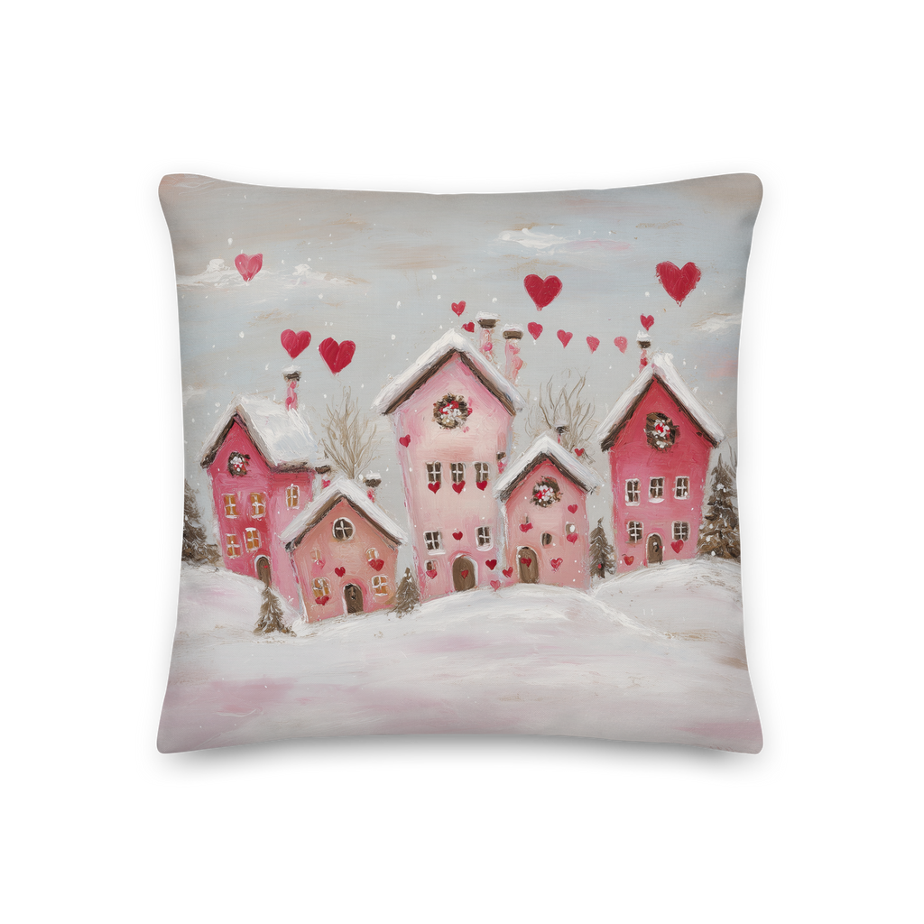 Coussin décoratif Saint-Valentin sur le thème du village d'hiver | Motif maisons en forme de cœur | Coussin cadeau romantique enneigé