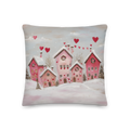 Coussin décoratif Saint-Valentin sur le thème du village d'hiver | Motif maisons en forme de cœur | Coussin cadeau romantique enneigé