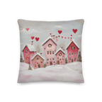 Coussin décoratif Saint-Valentin sur le thème du village d'hiver | Motif maisons en forme de cœur | Coussin cadeau romantique enneigé