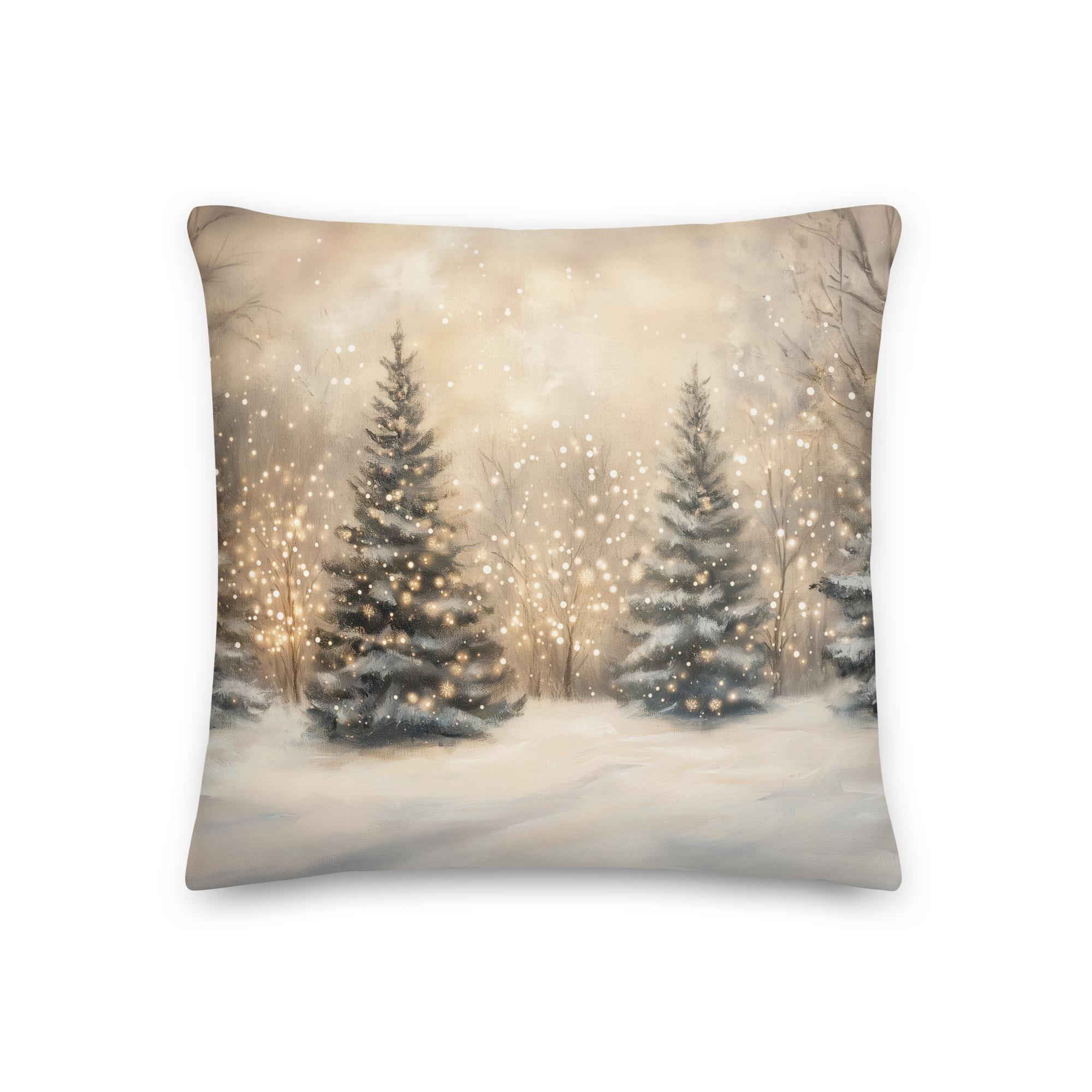 Weihnachtskissen mit Winterwaldmotiv | Schneebedeckte Bäume mit goldenen Lichtern | Geschenkkissen für die Feiertage