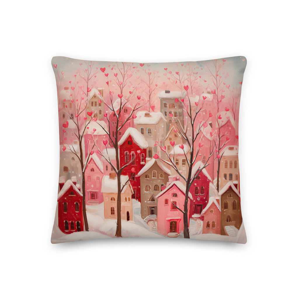 Valentine heart village throw pillow with pink winter town and heart-shaped trees on soft pastel background
