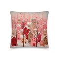 Valentine heart village throw pillow with pink winter town and heart-shaped trees on soft pastel background