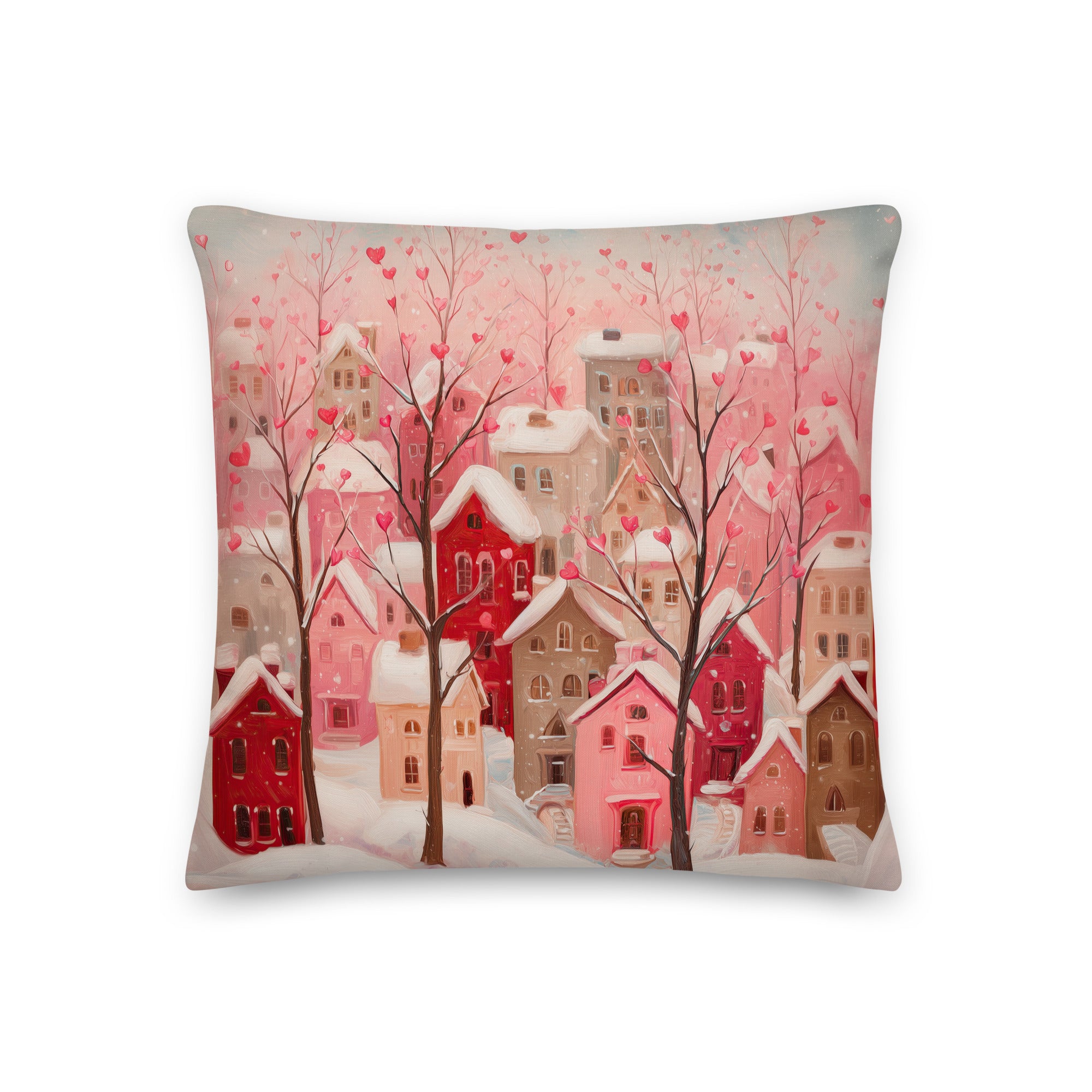 Valentine heart village throw pillow with pink winter town and heart-shaped trees on soft pastel background