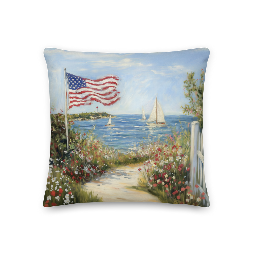 Patriotic American Flag Throw Pillow, Seaside Sailboat Wildflower Design, Independence Day Cushion, 4th of July Home Decor Gift