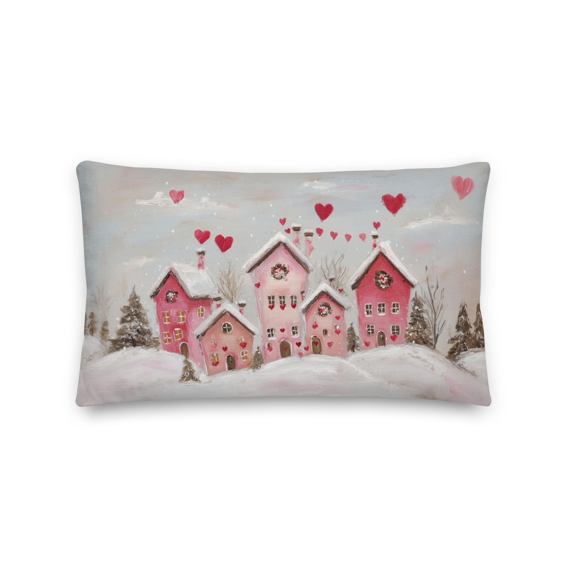 Coussin décoratif Saint-Valentin sur le thème du village d'hiver | Motif maisons en forme de cœur | Coussin cadeau romantique enneigé