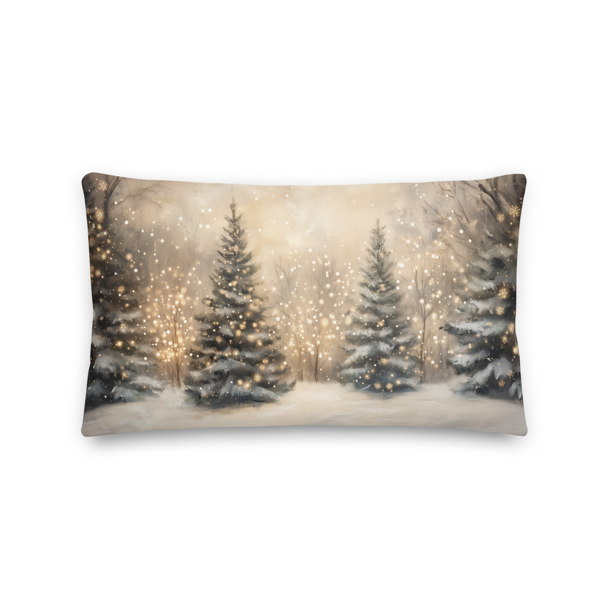 Weihnachtskissen mit Winterwaldmotiv | Schneebedeckte Bäume mit goldenen Lichtern | Geschenkkissen für die Feiertage