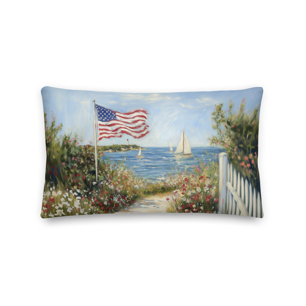 Patriotic American Flag Throw Pillow, Seaside Sailboat Wildflower Design, Independence Day Cushion, 4th of July Home Decor Gift