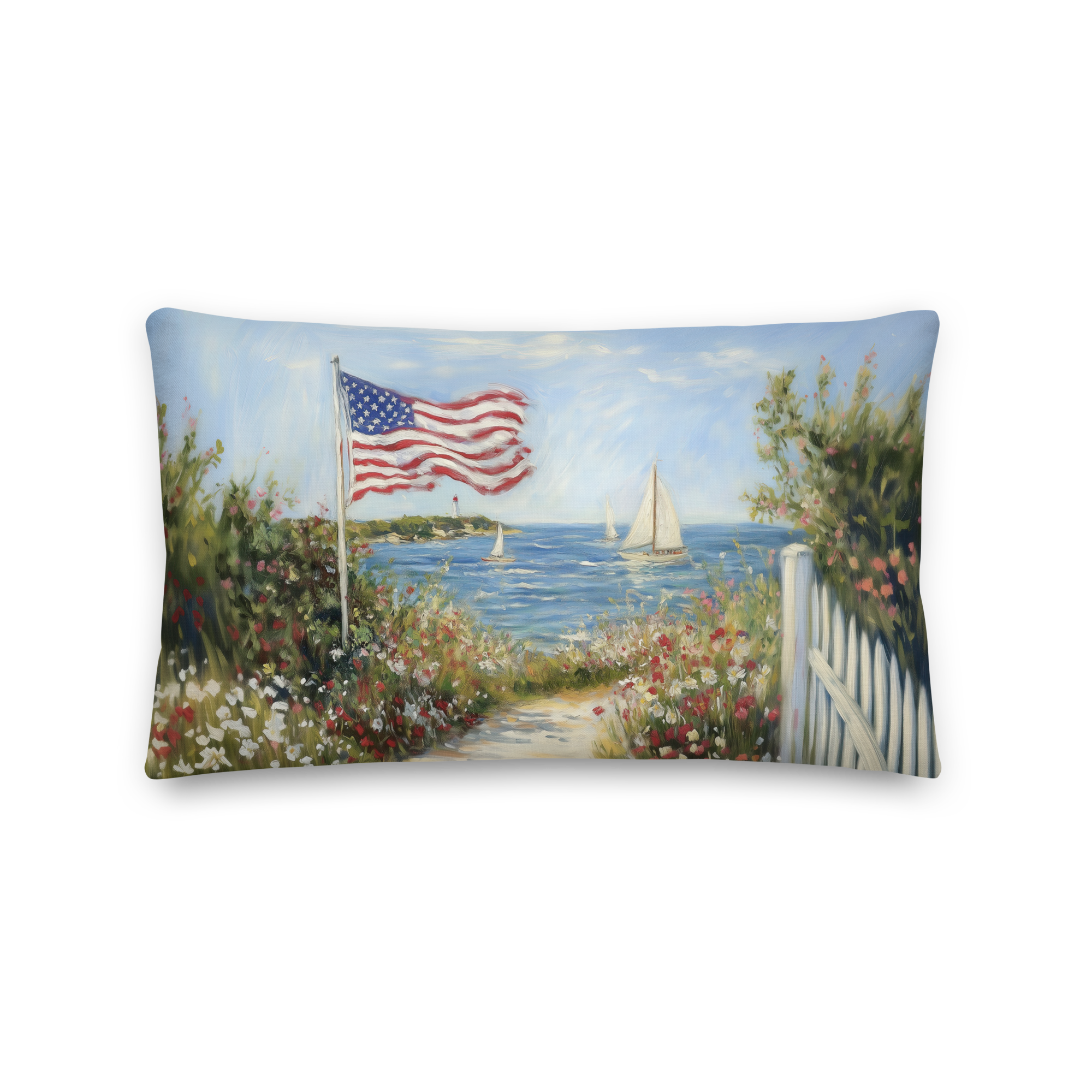 Patriotic American Flag Throw Pillow, Seaside Sailboat Wildflower Design, Independence Day Cushion, 4th of July Home Decor Gift