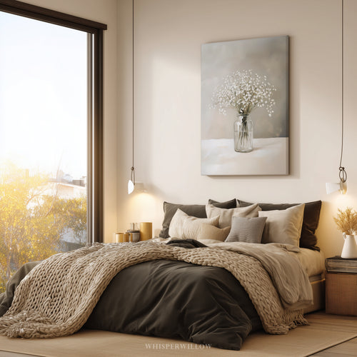 Tableau mural sur toile « Gypsophile » | Motif floral neutre | Décoration apaisante gris et blanc