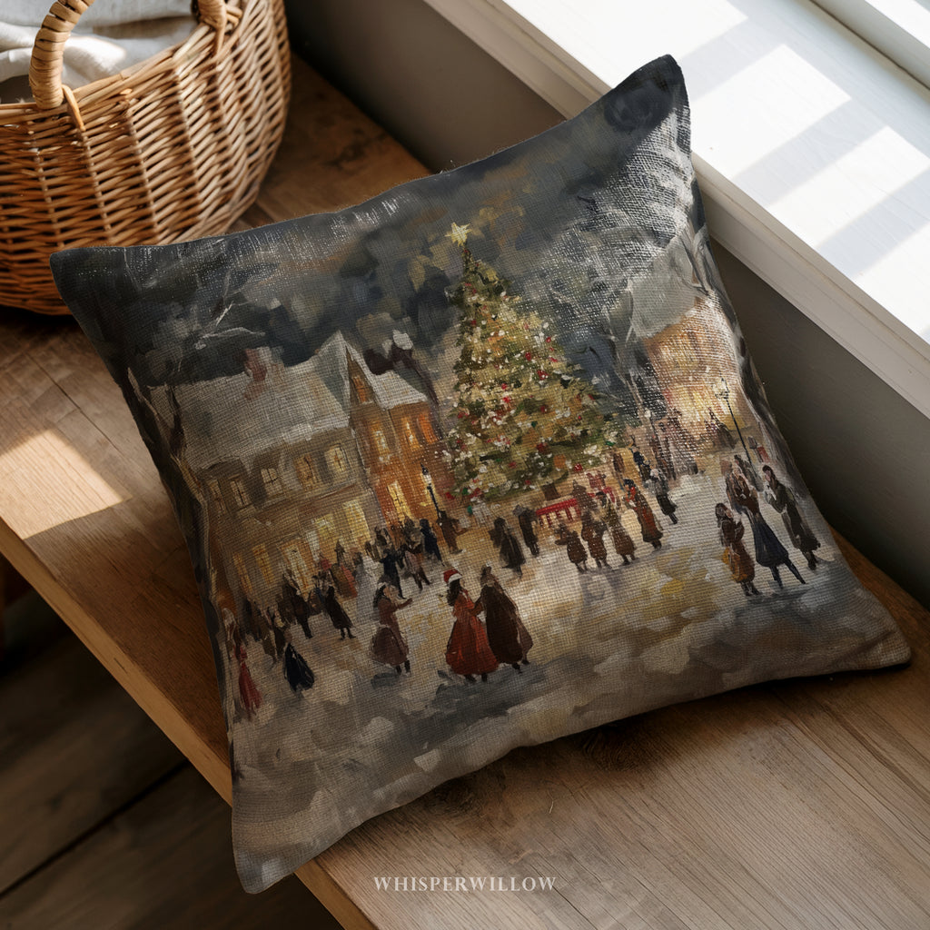 Coussin décoratif vintage village de Noël | Décoration hivernale chaleureuse | Coussin cadeau de saison