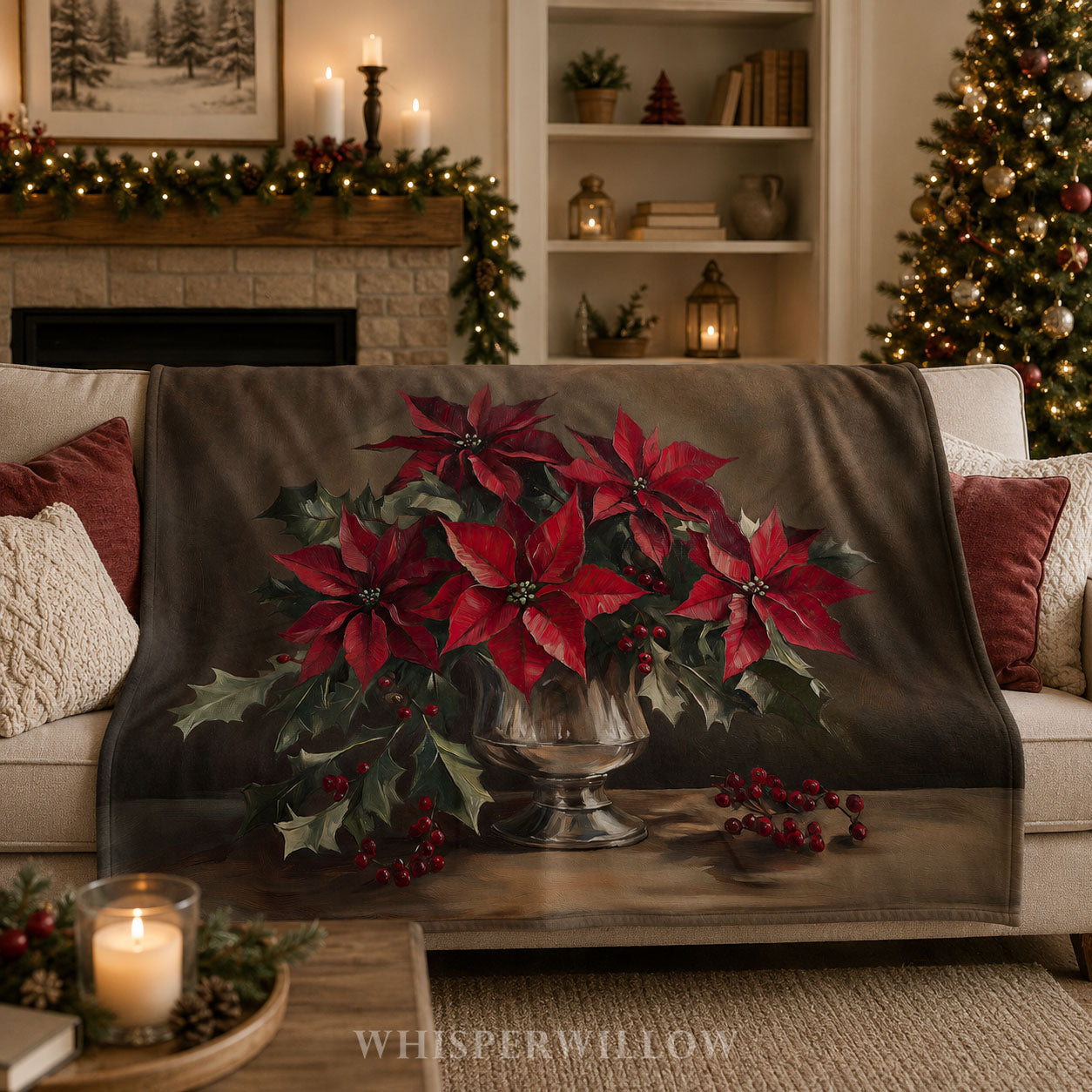 Christmas Poinsettia Plush Throw Blanket - Red Floral Holly Gift