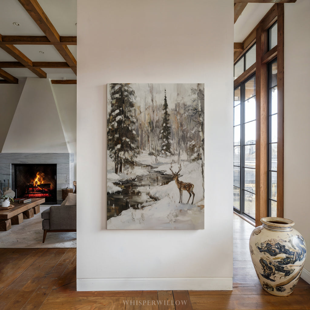 Winterliches Wandbild „Deer Creek“ auf Leinwand – Verschneite Waldlandschaft, Waldtierdekor