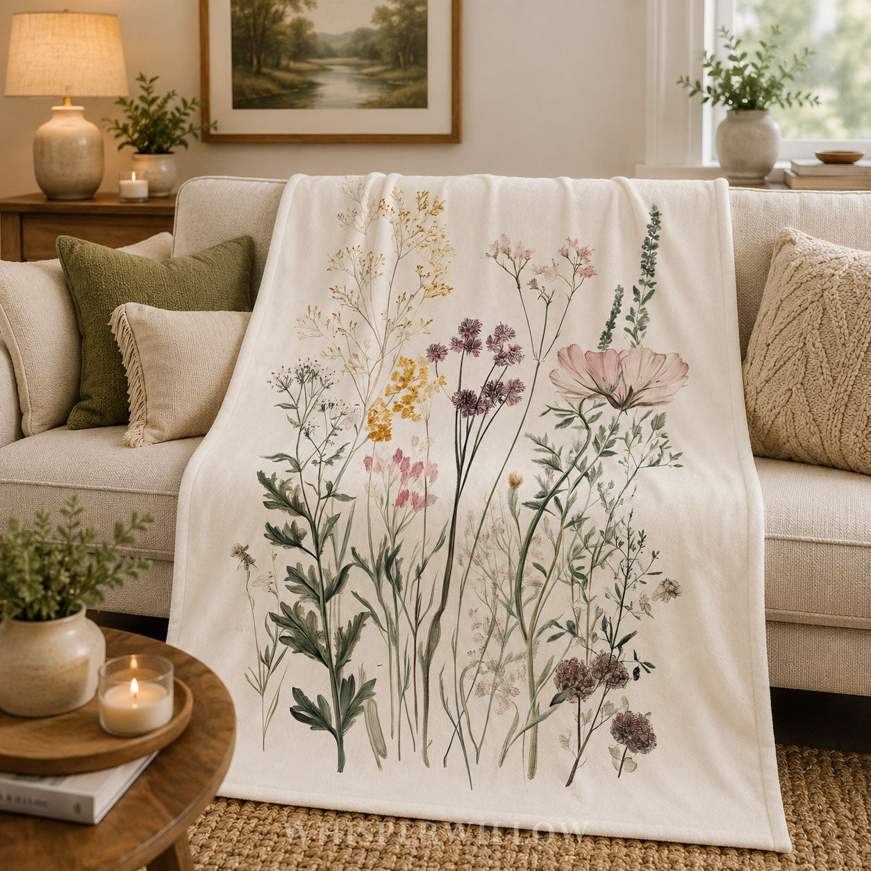 Wildflower Botanical Plush Throw Blanket | Vintage Meadow Floral Cottagecore | Neutral Garden Decor Gift by Whisper Willow Studios
