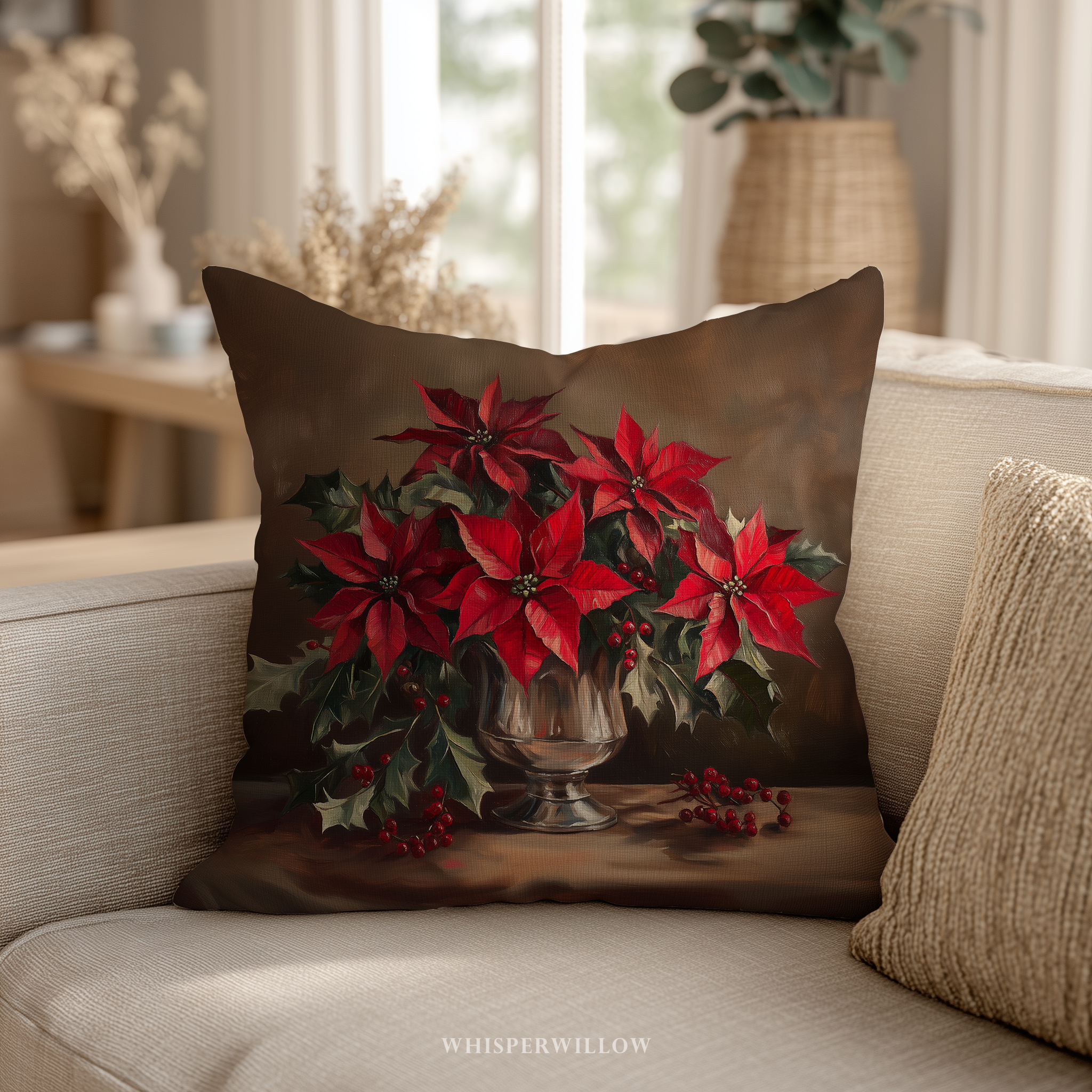 Christmas Poinsettia Throw Pillow - Red Holiday Cushion, Festive Floral Winter Decor, Magical Season Gift, Soft Polyester "Linen Feel" by WhisperWillow Studios Home Decor