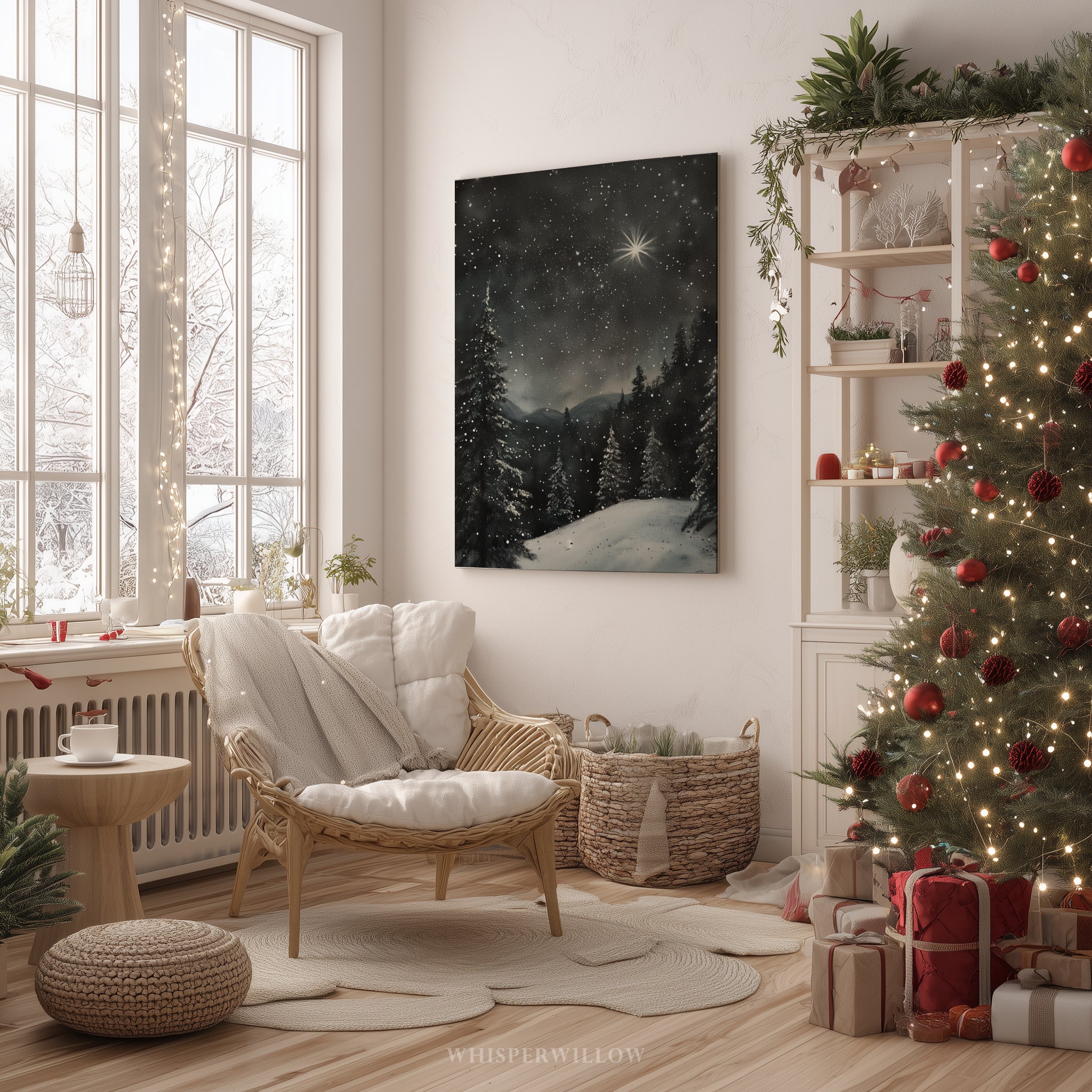 Winterliches Leinwandbild | Sternennacht, verschneiter Wald, Polarstern | Weihnachtsgeschenk