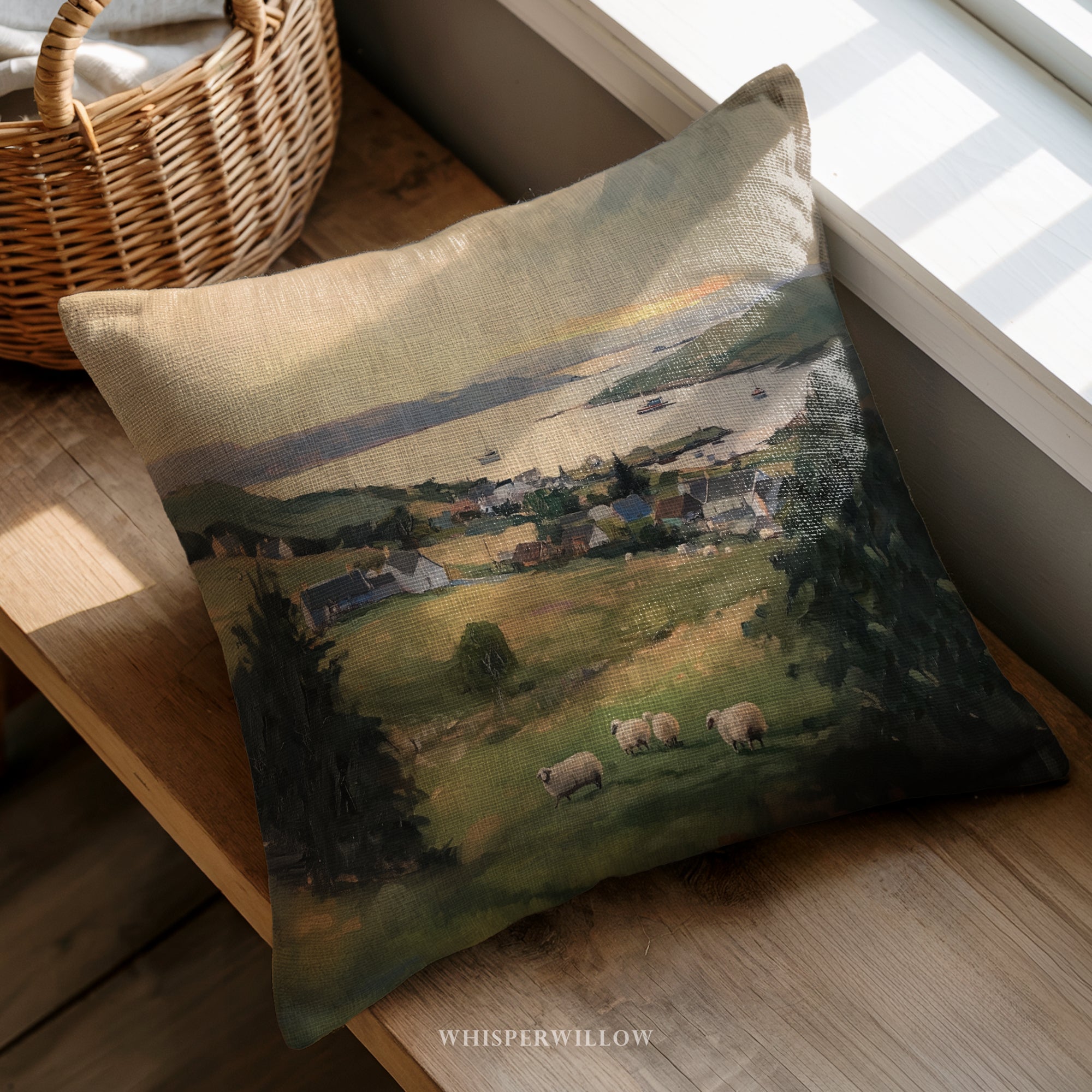 Coastal Countryside Throw Pillow - Sheep Harbor Village Cushion Cover by WhisperWillow Studios Home Decor Gift