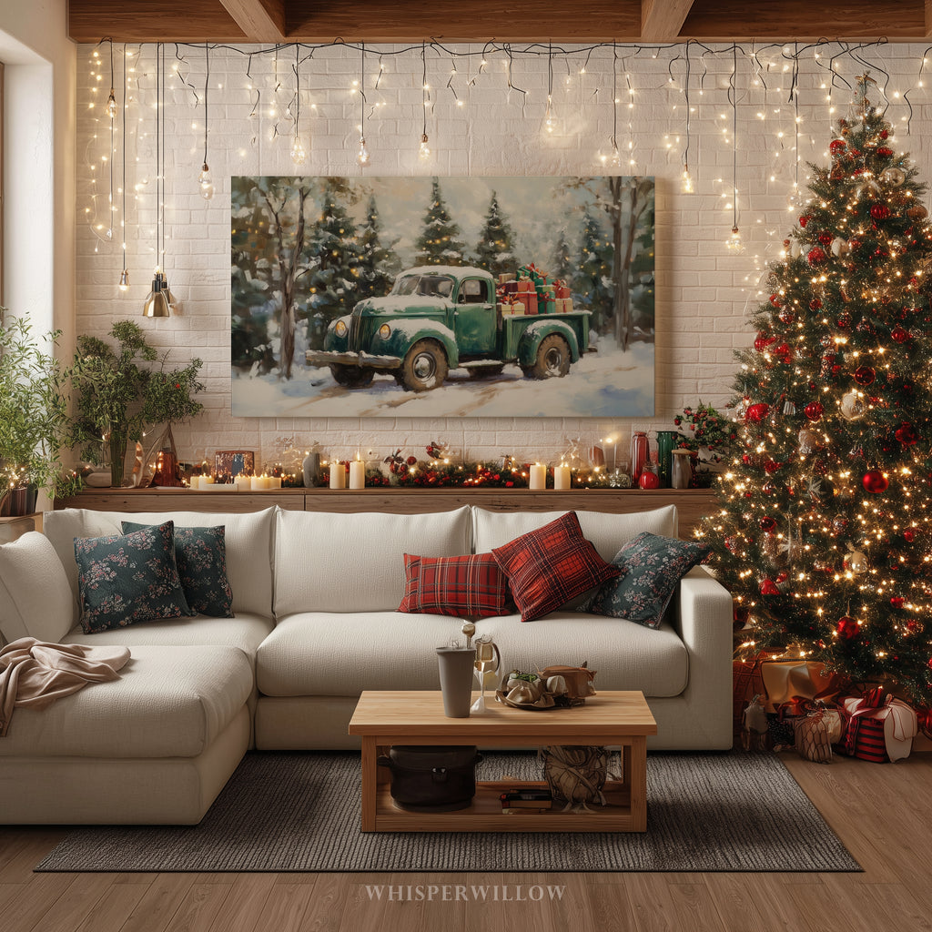 Vintage Green Christmas Truck Canvas Wall Art - Snowy Winter Trees, Rustic Farmhouse Holiday Decor