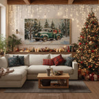 Vintage Green Christmas Truck Canvas Wall Art - Snowy Winter Trees, Rustic Farmhouse Holiday Decor
